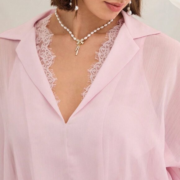 Pink Casual Women's Romantic Lace Cowl Neck Drop Shoulder Long Sleeve Mini Dress - Picture 7 of 7